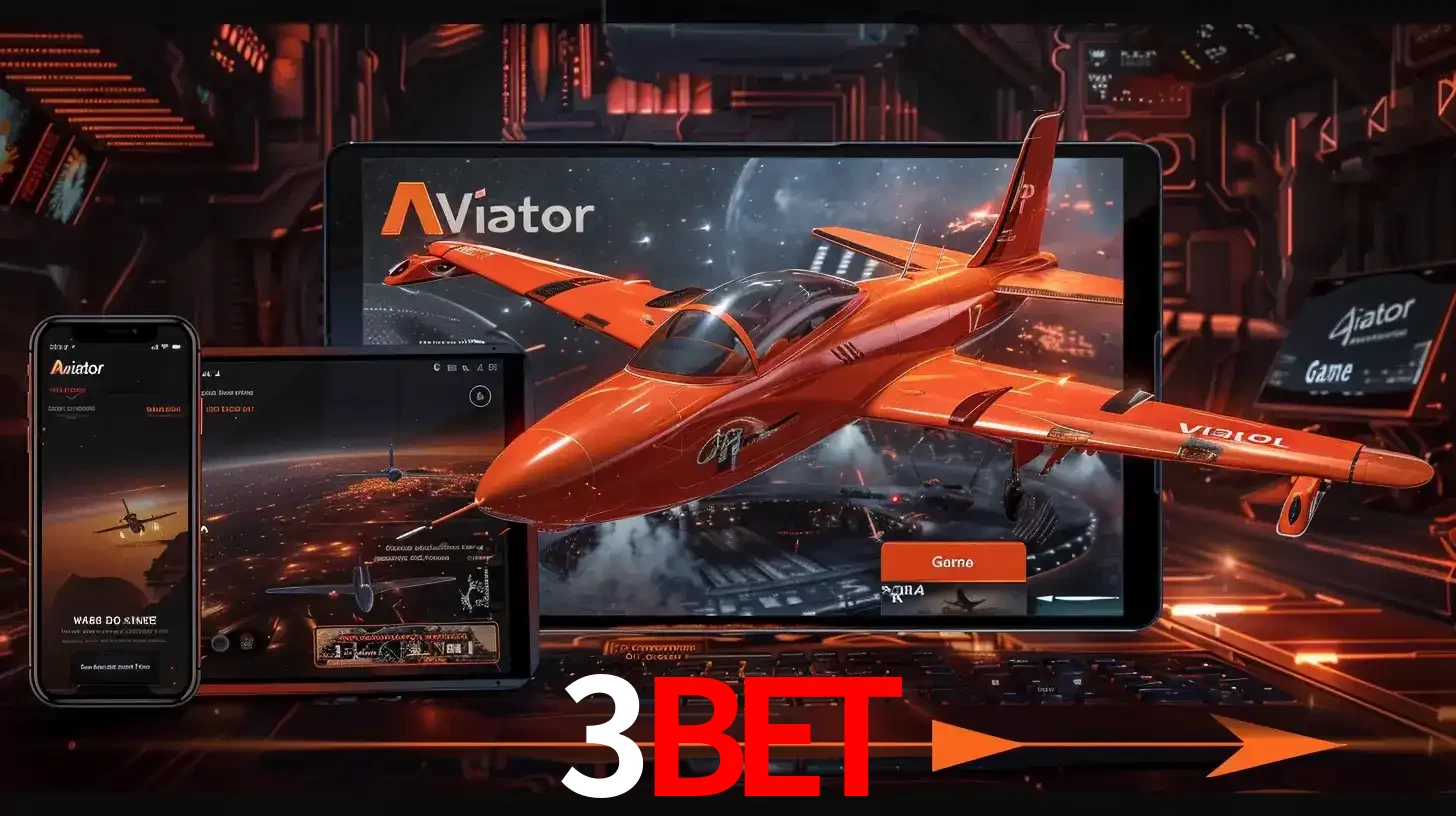 Apresentação tecnológica do jogo Aviator com um avião saindo da tela de um tablet, demonstrando a experiência imersiva em múltiplos dispositivos no 3bet.
