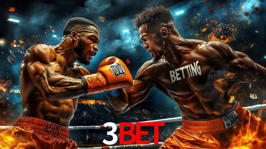 Dois boxeadores em uma luta intensa e explosiva, representando a adrenalina e as oportunidades de apostas em esportes de combate disponíveis na plataforma 3bet.
