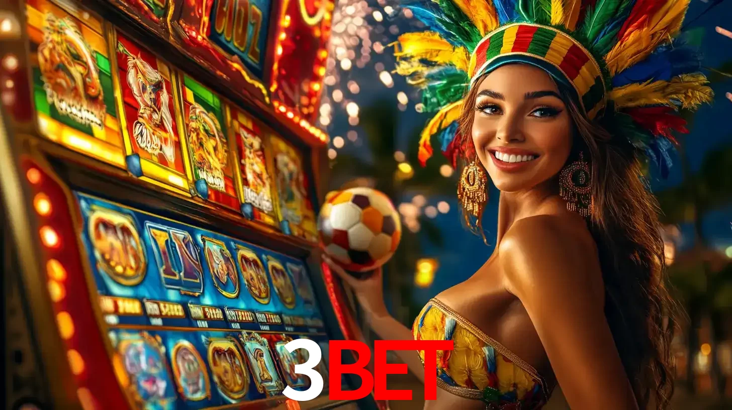 Mulher com um cocar de carnaval ao lado de uma máquina de caça-níqueis enquanto segura uma bola de futebol, mostrando a união da diversão de cassino e esportes no 3bet.