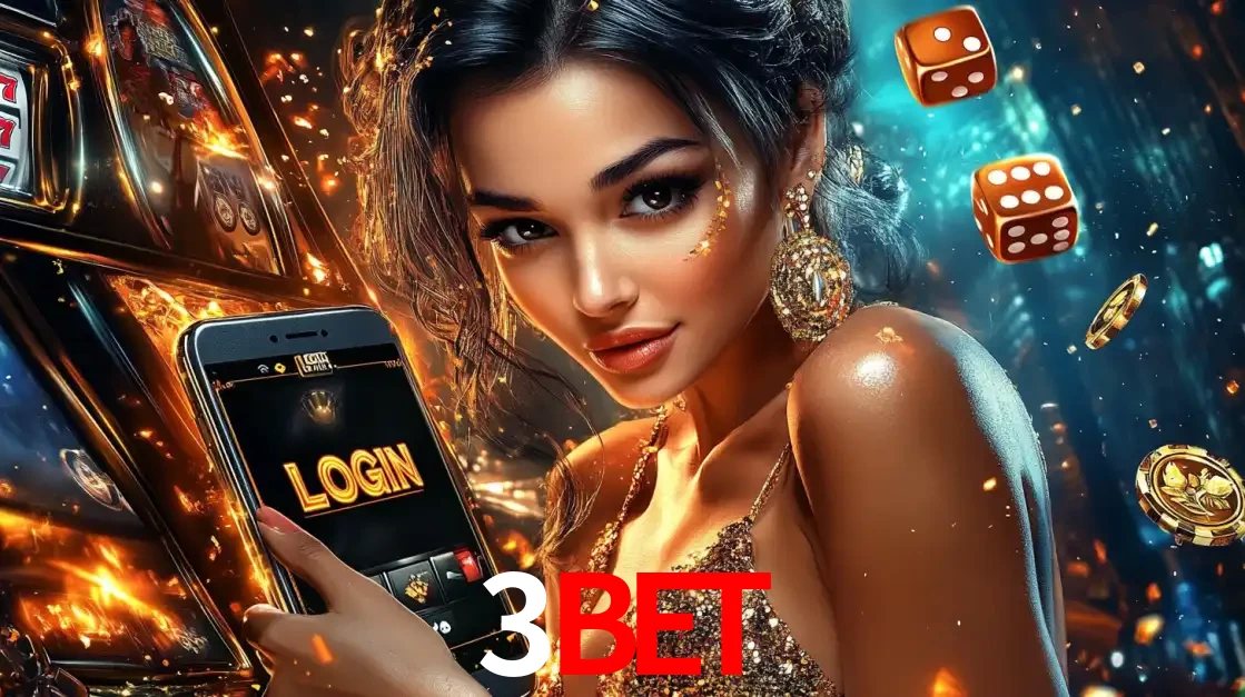 Mulher glamourosa segurando um celular com a tela de login do cassino 3bet, rodeada por dados e moedas douradas, pronta para começar a diversão.