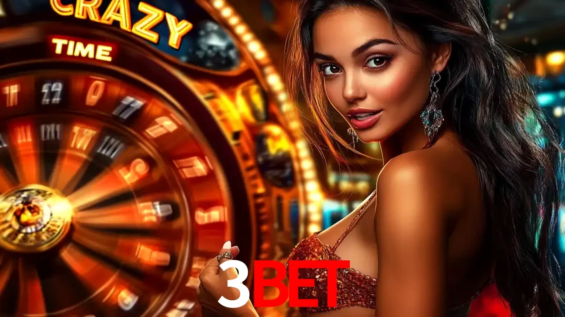 Mulher ao lado da roda de prêmios do jogo de cassino ao vivo Crazy Time, um dos shows de jogos mais emocionantes oferecidos pela plataforma de apostas 3bet.