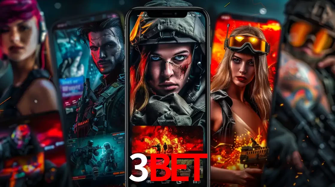 Montagem de telas de celular mostrando diversos personagens, masculinos e femininos, de um jogo de tiro, ilustrando a diversidade de equipes de e-sports para apostar no 3bet.