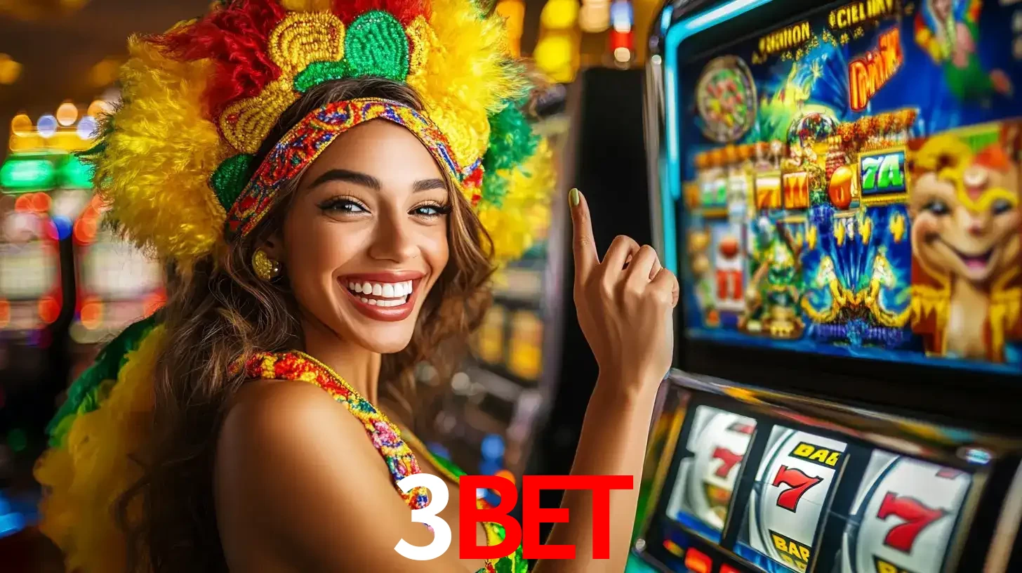 Mulher animada com um cocar de carnaval apontando para uma máquina de caça-níqueis, mostrando a emoção de ganhar um grande prêmio nos jogos do 3bet.