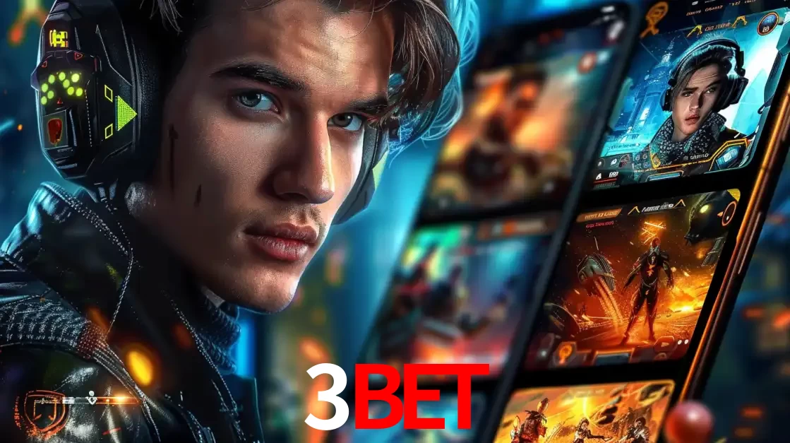 Jovem jogador com fones de ouvido olhando para a câmera, com um aplicativo de jogos e e-sports para celular ao fundo, pronto para a competição e apostas no 3bet.