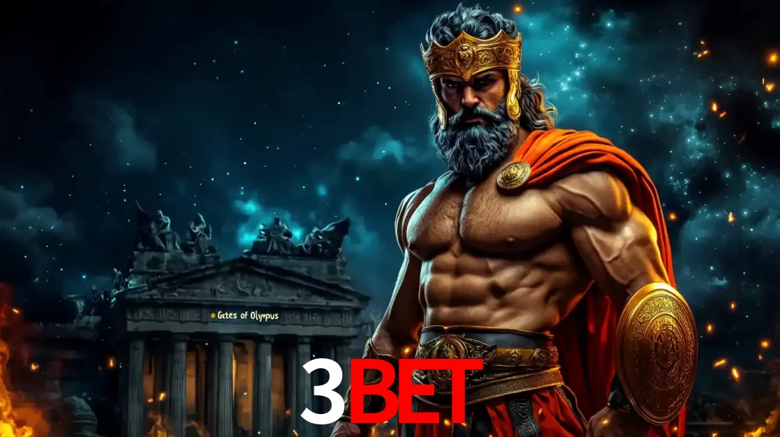 O poderoso Zeus do jogo de slot Gates of Olympus em frente ao seu templo, pronto para lançar multiplicadores divinos e prêmios épicos no cassino online 3bet.