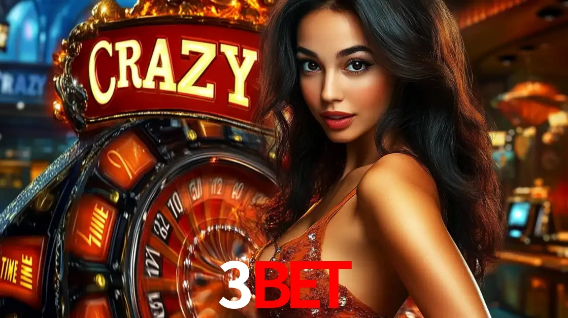 Mulher glamourosa olhando para a câmera com a roda vermelha do Crazy Time ao fundo em um ambiente de cassino, destacando a emoção dos jogos ao vivo no 3bet.