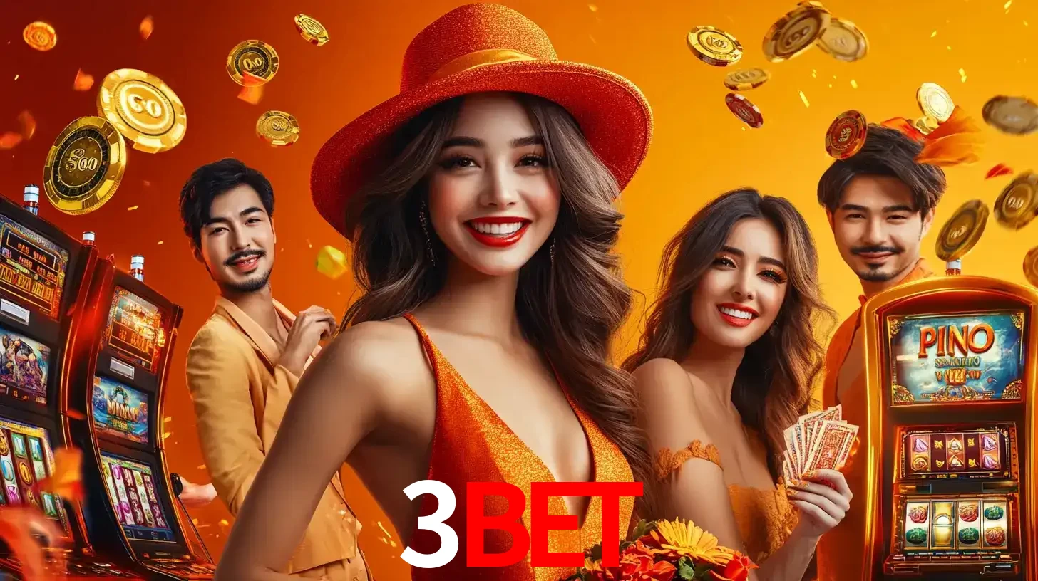 Grupo de amigos asiáticos sorrindo e se divertindo com máquinas de caça-níqueis em um ambiente festivo, celebrando suas vitórias nos jogos de cassino do 3bet.