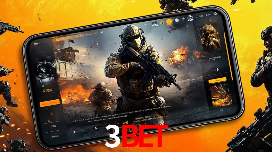 Um smartphone exibindo a interface de um jogo de tiro em primeira pessoa, com um soldado em um cenário de batalha, representando a ação dos e-sports para apostar no 3bet.
