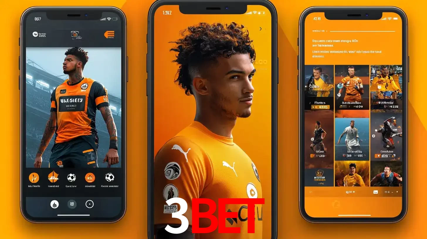 Interface do aplicativo de apostas esportivas 3bet em três telas de celular, mostrando o perfil de um jogador de futebol e a lista de jogos disponíveis para apostar.