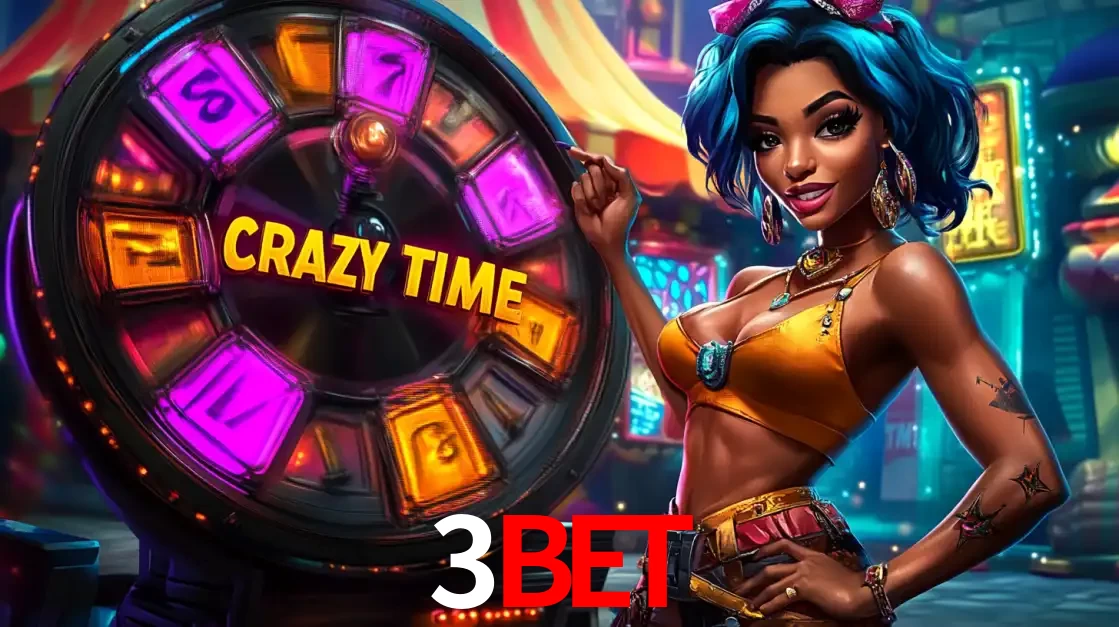 Mulher estilizada com cabelo azul e visual vibrante posando ao lado da roda de prêmios do game show Crazy Time, convidando para a diversão e os bônus do cassino 3bet.