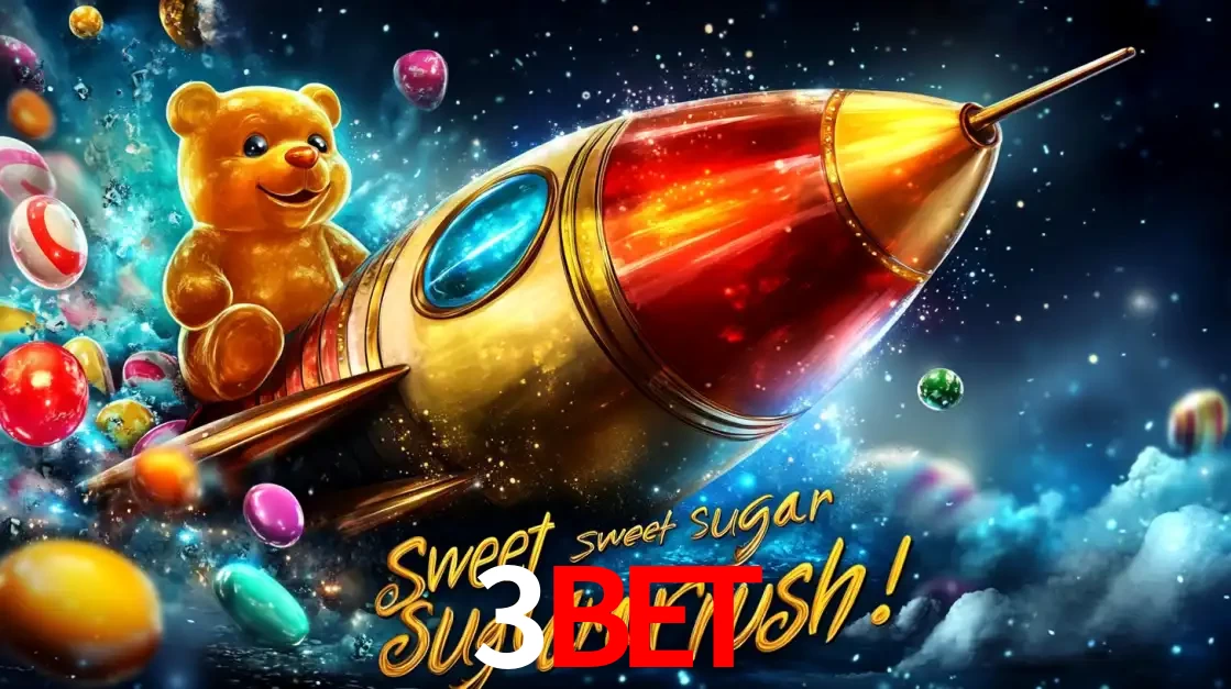 Arte promocional do jogo de slot Sugar Rush, com um urso de pelúcia em um foguete viajando pelo espaço de doces, um dos jogos divertidos disponíveis no cassino 3bet.