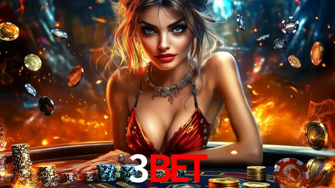 Mulher em uma mesa de cassino com pilhas de fichas e um fundo de fogo, pronta para uma rodada de altas apostas nos jogos de mesa emocionantes do cassino 3bet.