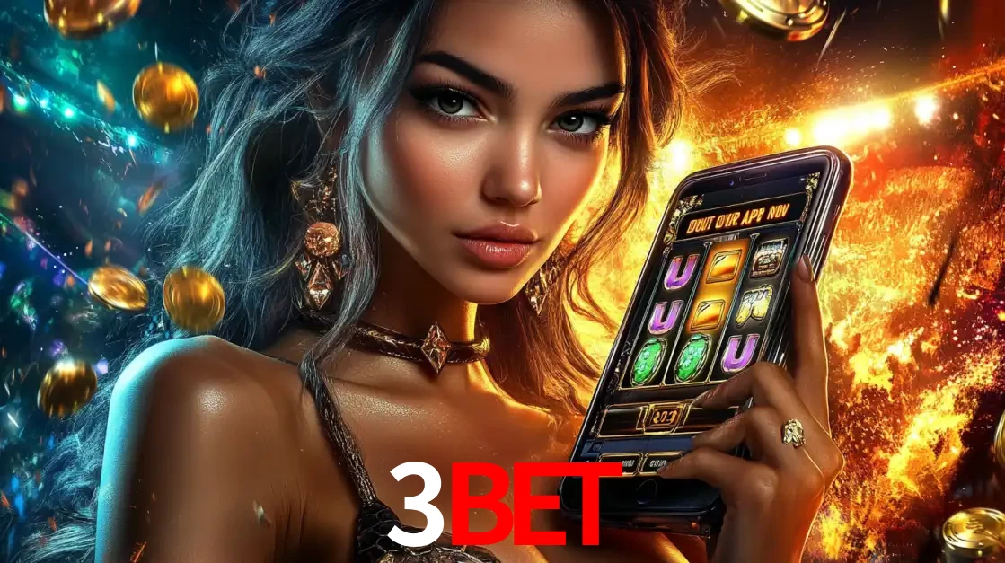 Mulher elegante mostrando um jogo de caça-níqueis em seu smartphone, destacando a experiência de cassino móvel oferecida pelo aplicativo 3bet.