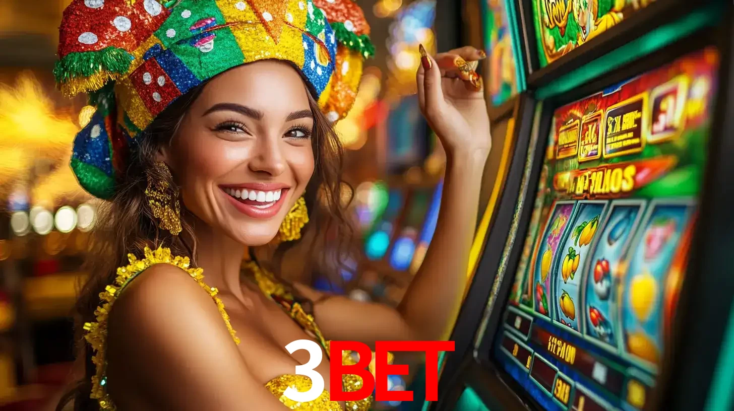 Mulher feliz com traje de carnaval amarelo e colorido ao lado de uma máquina de caça-níqueis, aproveitando a diversão e os jogos temáticos do cassino 3bet.