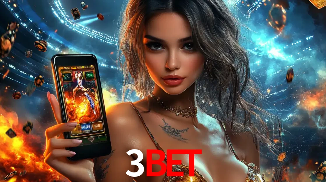 Mulher segurando um celular com um jogo de slot em destaque, tendo como fundo um estádio vibrante, simbolizando a emoção de jogar no cassino móvel 3bet.