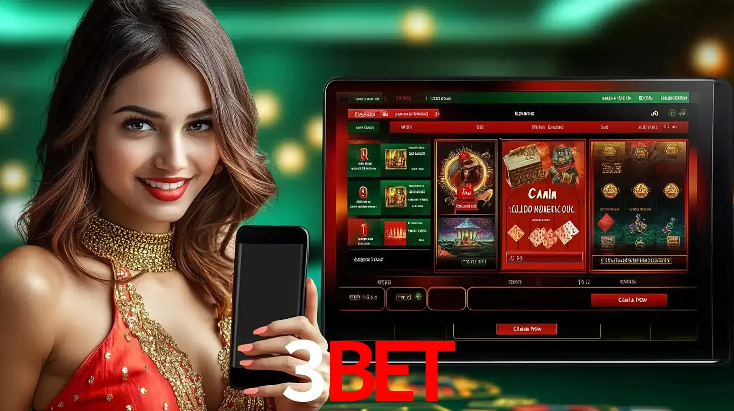 Mulher sorridente segurando um smartphone, ao lado de uma tela exibindo o lobby de jogos do cassino online 3bet, com várias opções de jogos de cartas e slots.